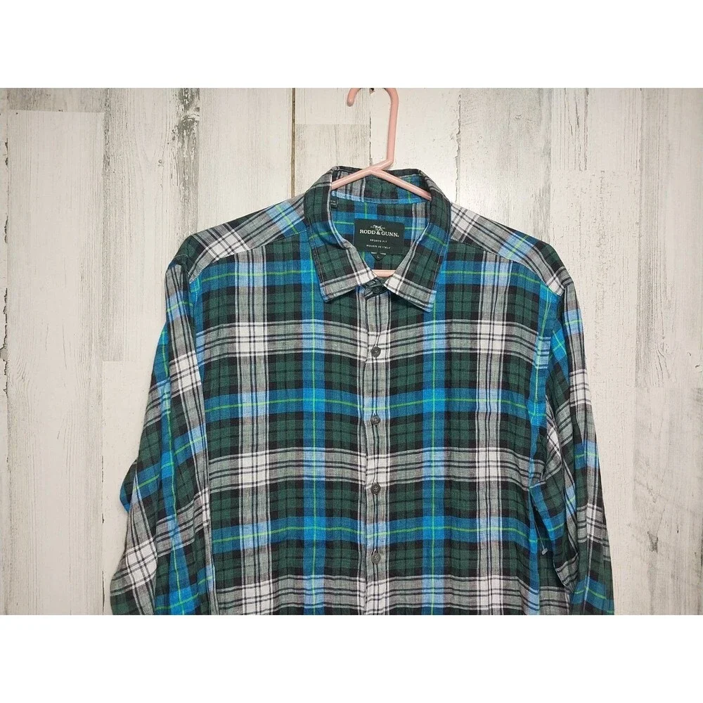 Rodd & Gunn Shirt Men's Linen Button Up Large Sports Fit Blue Long Sleeve Plaid